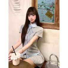 批发格纹拼接学院风套装<b class='q'>女</b>夏季韩系减龄短袖衬衫高腰裤裙两件套