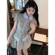 批发甜辣格纹拼接学院风套装<b class='q'>女</b>夏季韩系减龄短袖衬衫高腰裤裙两件套