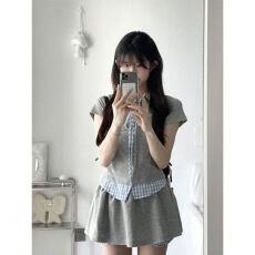 批发简约格纹拼接学院风套装<b class='q'>女</b>夏季韩系减龄短袖衬衫高腰裤裙两件套