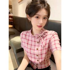 批发夏季新款多巴胺甜妹风粉色格纹修身<b class='q'>衬衫</b><b class='q'>女</b>