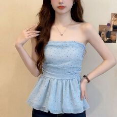 批发甜辣风波点抹胸女<b class='q'>夏</b>修身显瘦褶皱花苞透气娃娃衫上衣