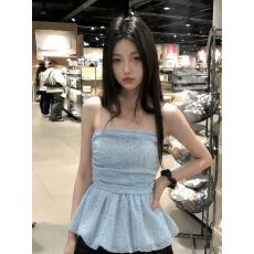 批发多巴胺蓝色波点无袖吊带背心女<b class='q'>夏</b>绝美修身显瘦一字肩抹胸裙摆上衣