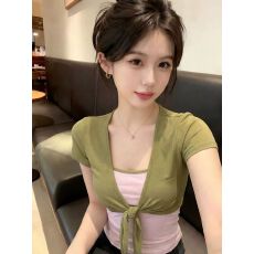 系带短袖小开衫粉色方领假两件拼接上衣女修身短款纯欲辣妹T恤