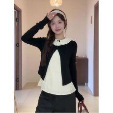 批发韩系白衬衫黑色短款长袖<b class='q'>针织</b><b class='q'>开衫</b>两件套女温柔风小个子叠穿套装