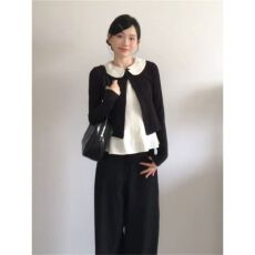 批发温柔风白衬衫黑色短款长袖<b class='q'>针织</b><b class='q'>开衫</b>两件套女小个子叠穿套装