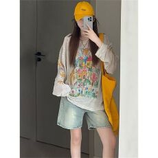 批发复古潮牌手绘涂鸦2026夏季透气防晒罩衫长袖T恤女<b class='q'>打底衫</b>上衣