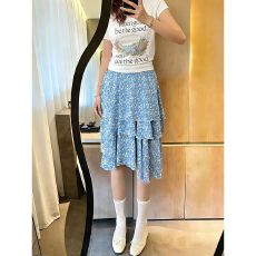 批发韩系夏日蓝色A<b class='q'>字</b><b class='q'>半身裙</b>女碎花不规则百搭显瘦中长<b class='q'>裙</b>