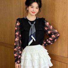 批发2026年秋季新款雪纺长袖拼接针织衬衫法式别致小众假两件圆领上衣