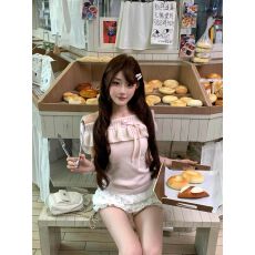 批发纯欲温柔风粉色一字露肩短袖针织衫女夏辣妹修身上衣
