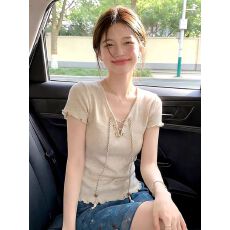 批发木耳边正肩薄款v领针织小衫女短款独特漂亮miu系修身短袖t恤上衣