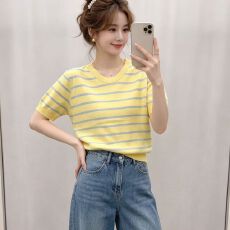 批发2026年夏季新款韩版洋气黄色条纹圆领针织短袖女百搭撞色上衣女