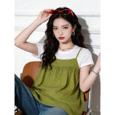 批发韩系复古俏皮黄格纹吊带背心女夏季外穿绝美褶皱上衣<b class='q'>宽松</b>叠穿小衫