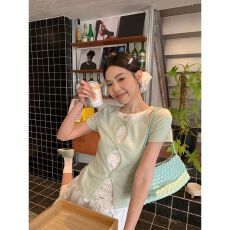 韩系碎花拼接假两件短袖T恤女夏季新款设计感镂空修身
