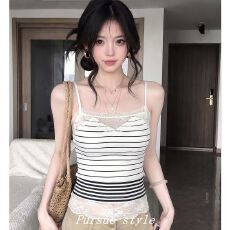批发纯棉拉架蕾丝花边条纹吊带女夏季设计感外穿背心辣妹V领收腰上衣