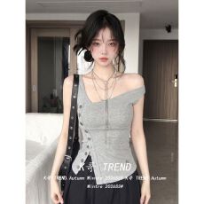 批发Tongiiuu Vtg星球 设计感斜领不对称开叉纽扣背心女无袖上衣夏