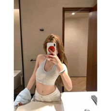 批发小众撞色包边条纹吊带女 U 领挂脖后背蝴蝶结显瘦短款背心