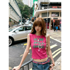 批发小个子短款工字背心女火龙果色绿涂鸦字母印花紧身无袖上衣