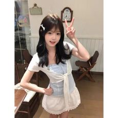 批发温柔少女蓝条纹收腰抹胸女外搭<b class='q'>短</b>款白绑带<b class='q'>短</b>袖罩衫两件套