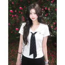 批发娃娃领波点领带短袖 <b class='q'>T</b> <b class='q'>恤</b>女白色修身收腰小蝴蝶结刺绣纯欲短上衣