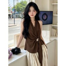批发气质挂脖背心上衣女夏季复古咖色修身显瘦设计感小众无袖吊带