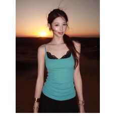 批发湖绿色蕾丝假两件吊带背心女内搭黑色花边修身收腰长款无袖上衣