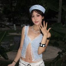 批发夏季新款辣妹条纹修身无袖蕾丝上衣