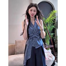 批发法式V领蝴蝶结绑带蓝色格子衬衫背心女夏季辣妹外穿修身无袖上衣