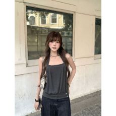批发纯欲风深灰色挂脖背心女装夏季设计感花苞无袖抹胸吊带小上衣