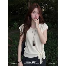 批发韩系别致独特不规则T恤女夏季绑带掐腰修身显瘦<b class='q'>针织</b>短袖<b class='q'>上衣</b>