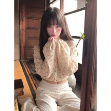 批发法式一字肩碎花灯笼袖<b class='q'>雪纺</b><b class='q'>衬衫</b>女夏季设计感小众气质收腰短款上衣