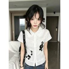 批发少女感花边翻领<b class='q'>衬衫</b>竖条纹肌理音符<b class='q'>刺绣</b>短袖单排扣百搭通勤上衣