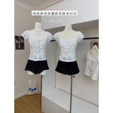 批发'香雾白茶'夏季新款纯欲<b class='q'>碎花</b>收腰甜美百搭短袖修身<b class='q'>衬衣</b>女