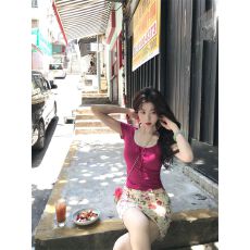 批发多巴胺蕾丝拼接假两件<b class='q'>短袖</b>t恤女夏修身纯欲内搭系带上衣