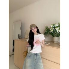 批发美式复古白色印花撞色短袖t恤女夏季新款正肩圆领上衣