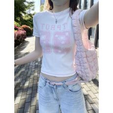 批发白色印花美式复古撞色短袖t恤女夏季新款正肩圆领上衣