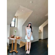批发小狗印花蕾丝拼接吊带连衣裙女夏季休闲宽松百搭减龄短裙