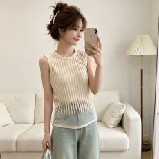 批发夏季新款韩版纯欲风圆领坑条显瘦<b class='q'>欧根纱</b>拼接背心百搭上衣
