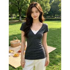 法式灰色短袖t恤女夏季流行修身时尚辣妹上衣