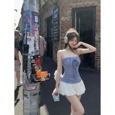 批发韩系辣妹条纹蝴蝶结抹胸<b class='q'>连衣裙</b>女夏修身显瘦拼接短裙子