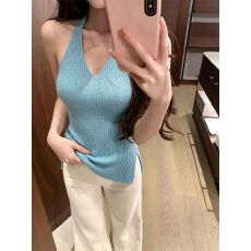 纯欲风蓝色挂脖针织吊带背心女夏季外穿内搭修身短款上衣