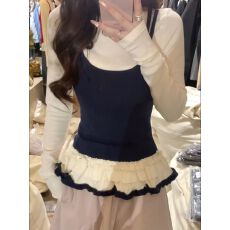 批发*1德绒韩系假两件吊带拼接<b class='q'>T</b><b class='q'>恤</b>女外穿早春修身长袖花边裙摆上衣