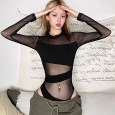 批发<b class='q'>欧美</b>ins夜店性感网纱修身连体衣辣妹必备心机镂空上衣潮 上新款