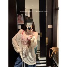 蝴蝶印花薄款露肩罩衫长袖T恤内搭女夏季 新款上市 ins风 港风