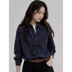 批发藏蓝色格子打底<b class='q'>衬衫</b><b class='q'>女</b>秋冬新款早春休闲百搭<b class='q'>衬衣</b>叠穿内搭显瘦上