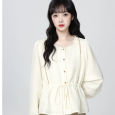 批发法式圆领长袖<b class='q'>衬衫</b><b class='q'>女</b>秋2025秋木耳边设感系带收腰<b class='q'>衬衣</b>上衣 上新款