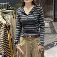 秋季复古撞色条纹长袖连帽T恤女时尚修身内搭打底衫 早秋新款