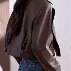 批发秋冬季时尚百搭短款小皮衣咖色翻领机车服外套设计感pu皮夹克衫