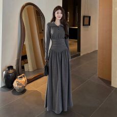 批发早秋韩系学院风连衣裙女秋冬复古立领A字裙修身显瘦打底灰<b class='q'>长</b><b class='q'>裙子</b>