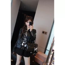 批发哑光PU皮 内里 利落短款版型翻领镶钻扣黑色皮衣夹克女春秋 优雅