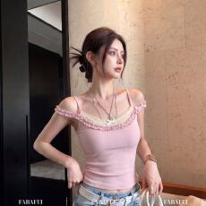 批发法式粉色木耳边蕾丝吊带背心女夏季款小个子修身短款显瘦无袖上